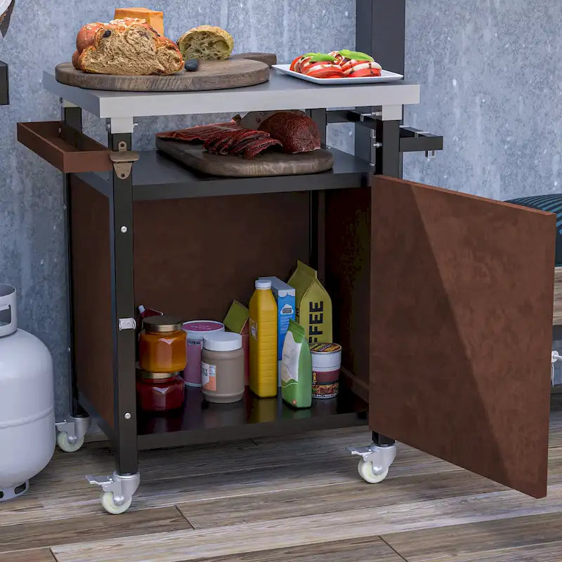 Carrello per Barbecue da Esterno con Piano in Acciaio Inox (sgabello non incluso)