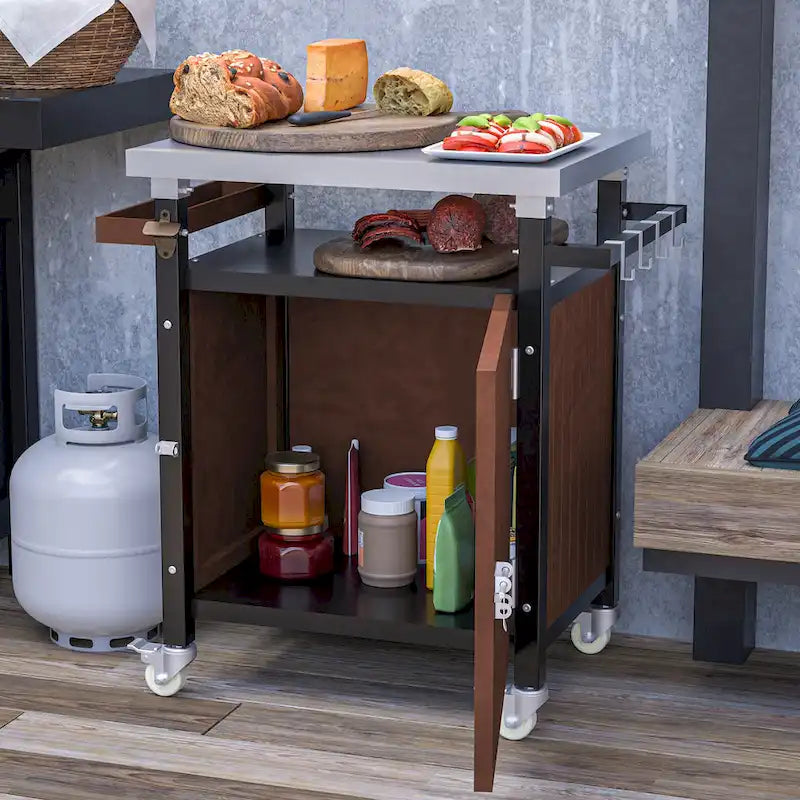 Carrello per Barbecue da Esterno con Piano in Acciaio Inox (sgabello non incluso)