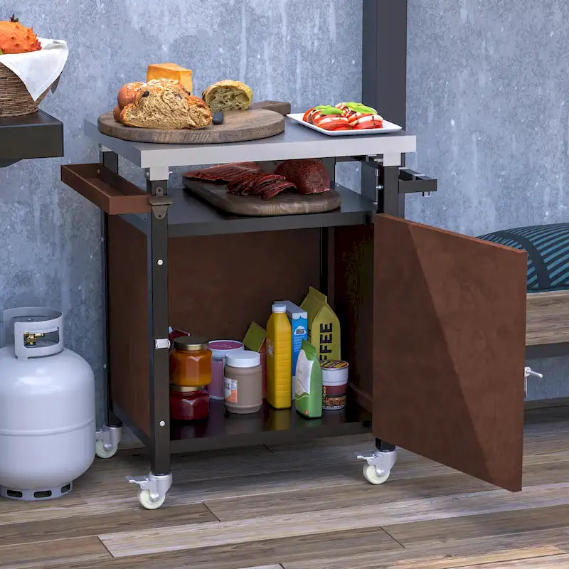 Carrello per Barbecue da Esterno con Piano in Acciaio Inox (sgabello non incluso)