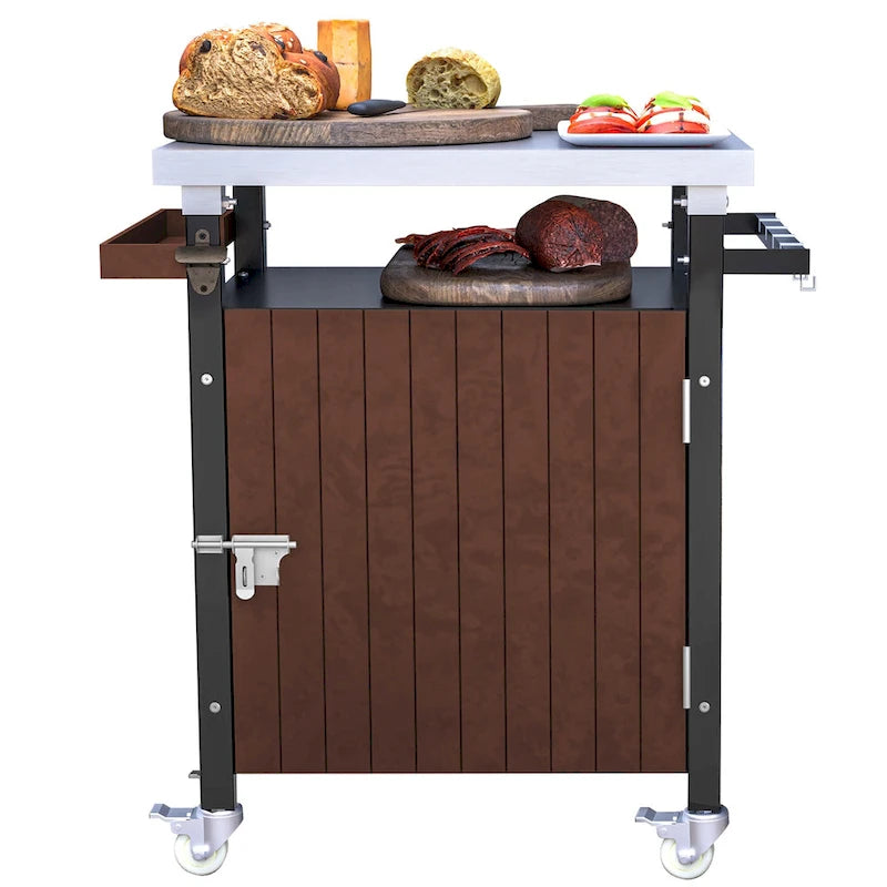 Carrello per Barbecue da Esterno con Piano in Acciaio Inox (sgabello non incluso)