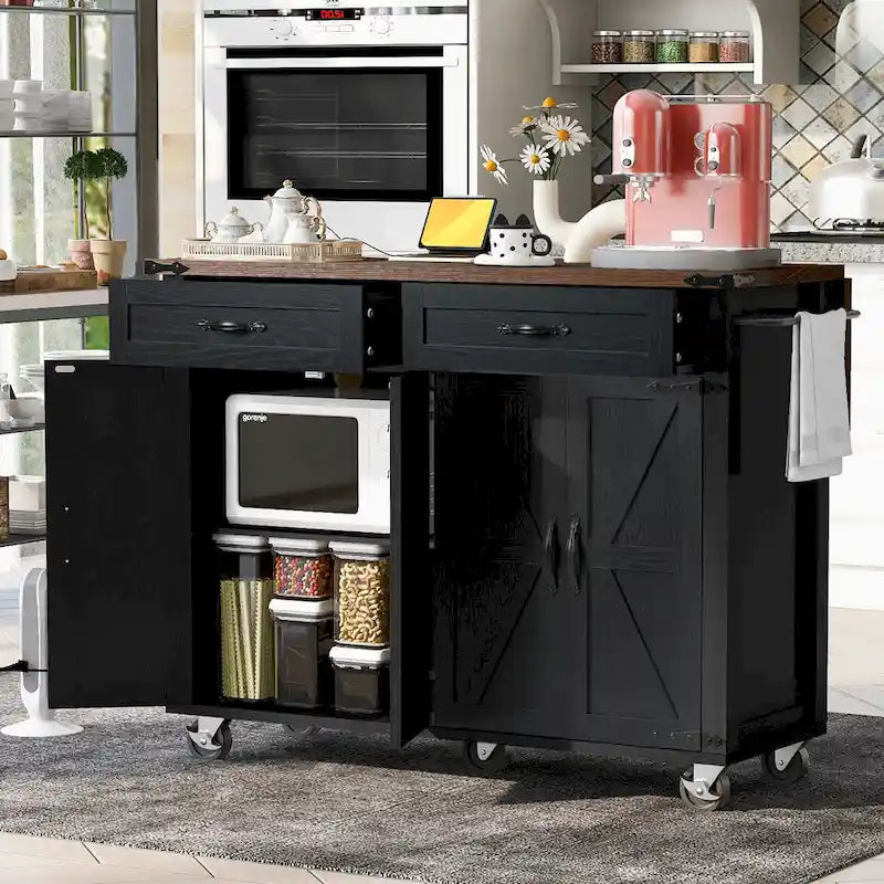 53.5Isola da cucina in stile rustico con presa di corrente, isola da cucina con spazio di archiviazione, anta a ribalta, portapane e cassetto