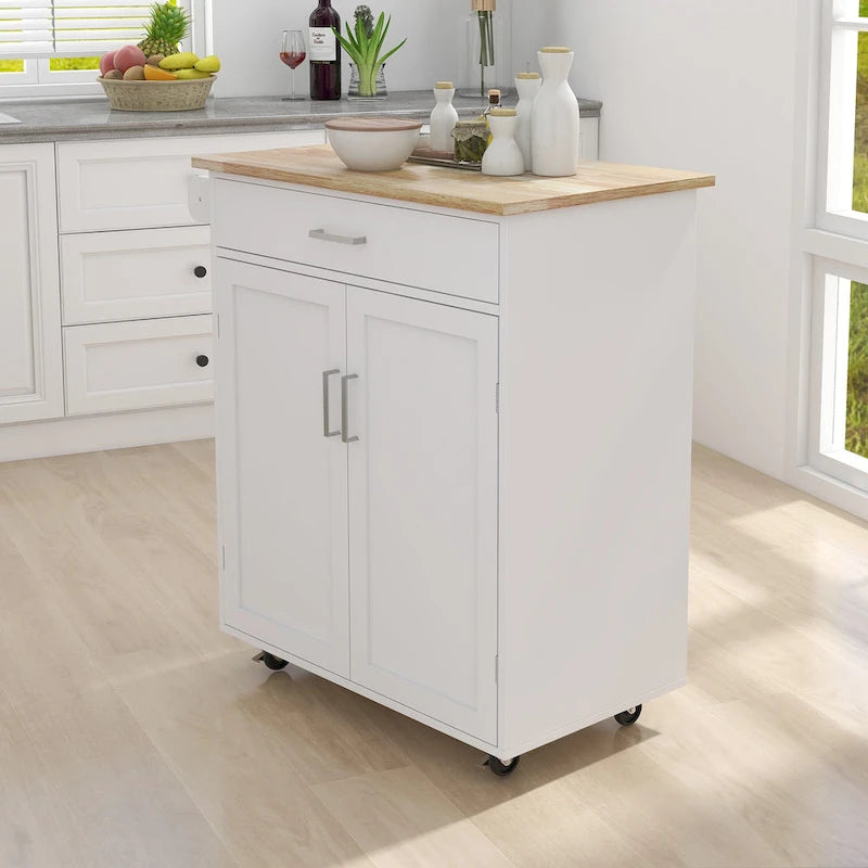 Carrello da cucina con isola, ripiani regolabili, piano in legno massello e portasciugamani