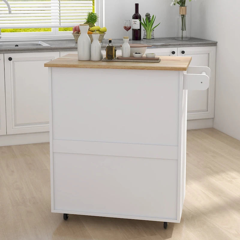 Carrello da cucina con isola, ripiani regolabili, piano in legno massello e portasciugamani
