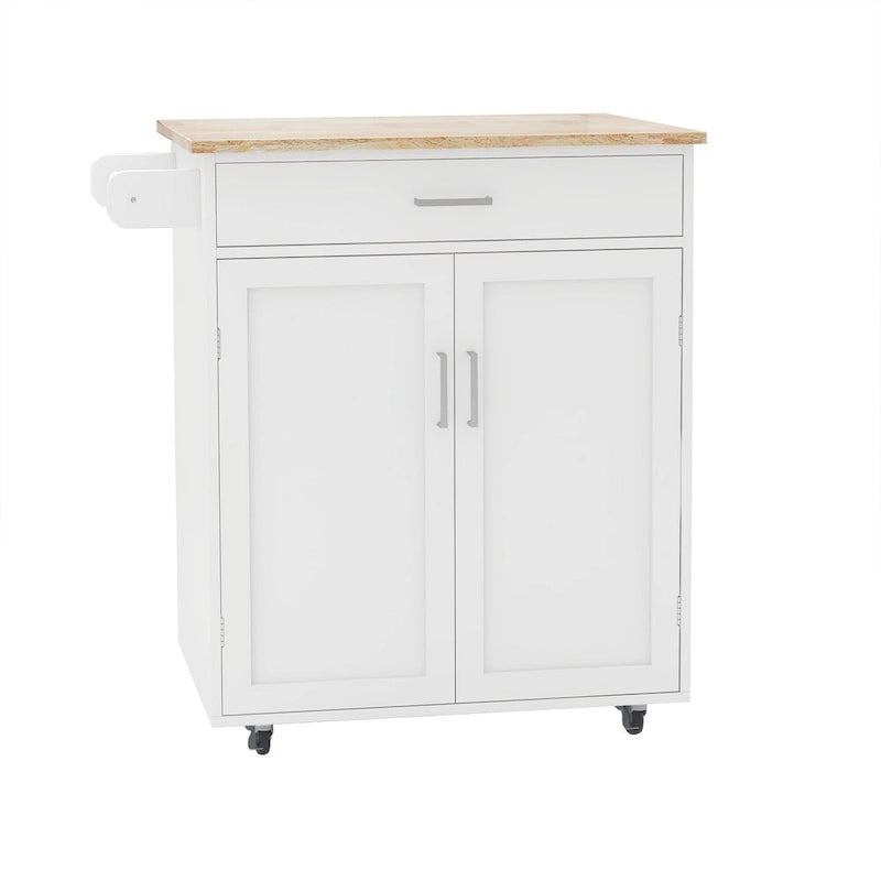 Carrello da cucina con isola, ripiani regolabili, piano in legno massello e portasciugamani
