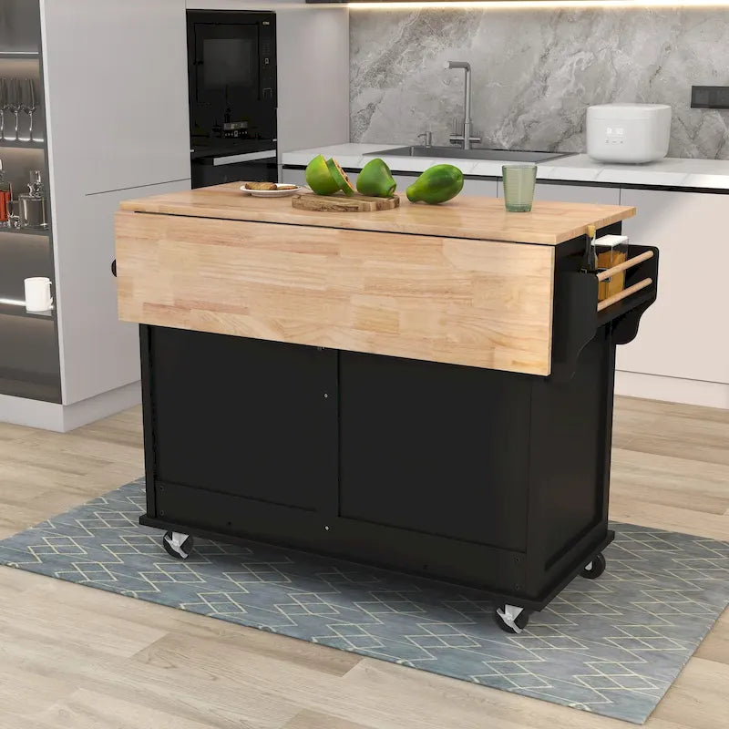 Carrello da cucina con piano d'appoggio ribaltabile in legno di gomma, anta scorrevole a scomparsa con altezza regolabile
