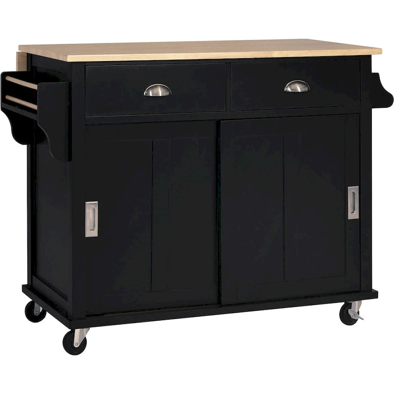 Carrello da cucina con piano d'appoggio ribaltabile in legno di gomma, anta scorrevole a scomparsa con altezza regolabile