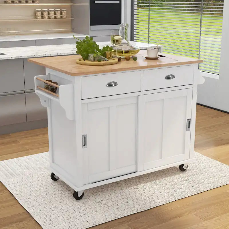 Carrello da cucina con piano d'appoggio ribaltabile in legno di gomma, anta scorrevole a scomparsa con altezza regolabile