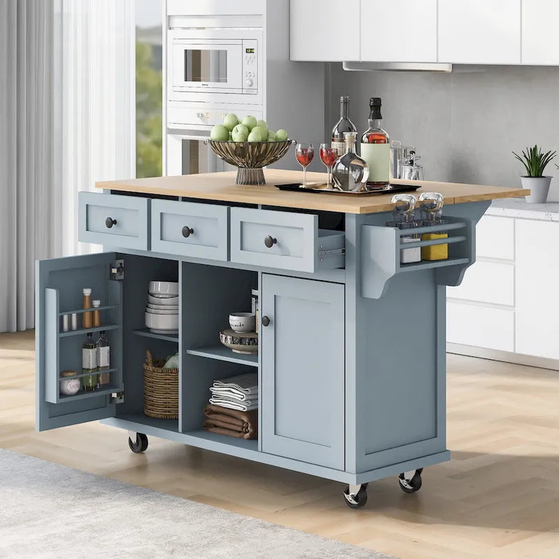 Carrello da Cucina con Piano a Ribalta in Legno di Gomma