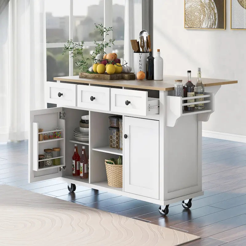 Carrello da Cucina con Piano a Ribalta in Legno di Gomma