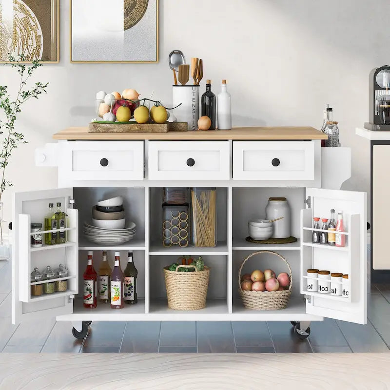 Carrello da Cucina con Piano a Ribalta in Legno di Gomma
