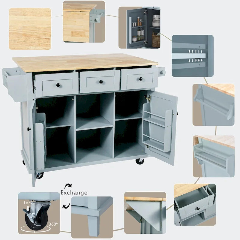 Carrello da Cucina con Piano a Ribalta in Legno di Gomma