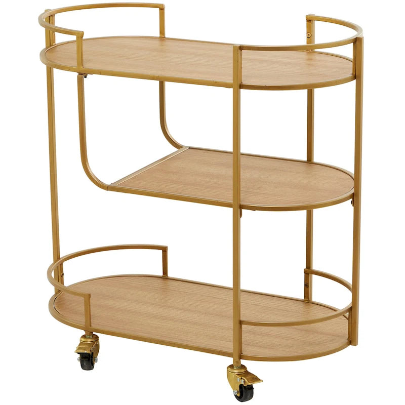 Wood Rolling 3 Shelves Bar Cart with Handles - Gold - Roche River Decor - 15W x 30L x 30H