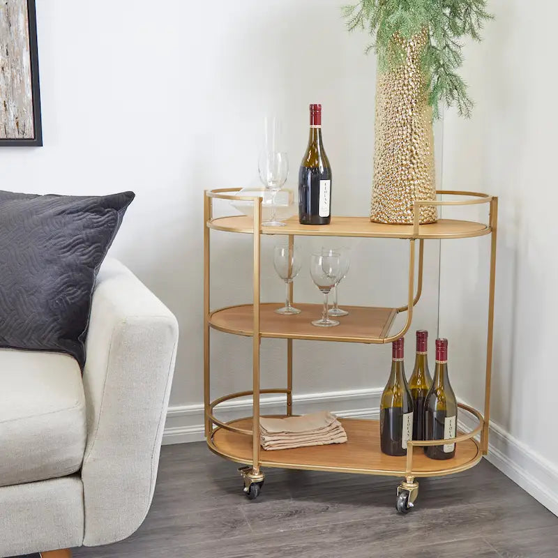 Carrello da Bar in Legno con 3 Ripiani e Maniglie - Oro - 38 L x 76 P x 76 A cm