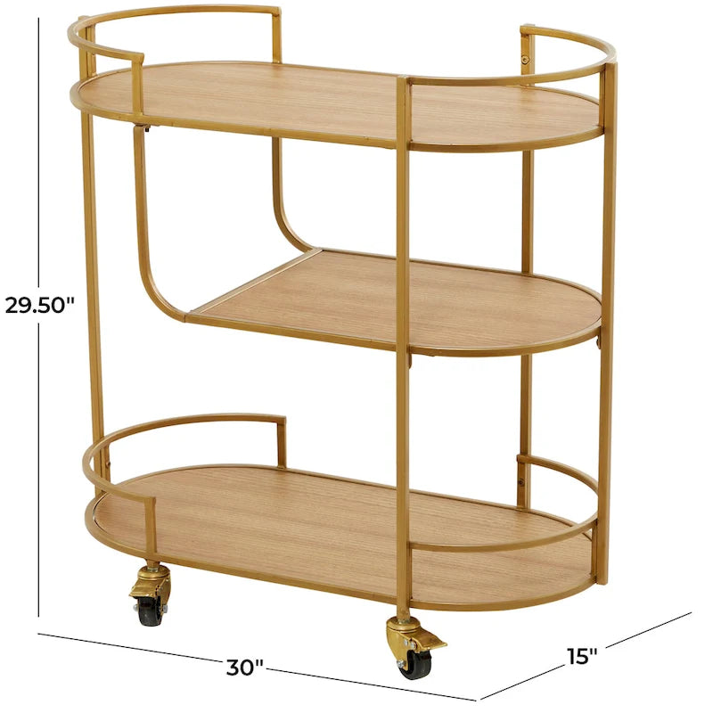 Carrello da Bar in Legno con 3 Ripiani e Maniglie - Oro - 38 L x 76 P x 76 A cm