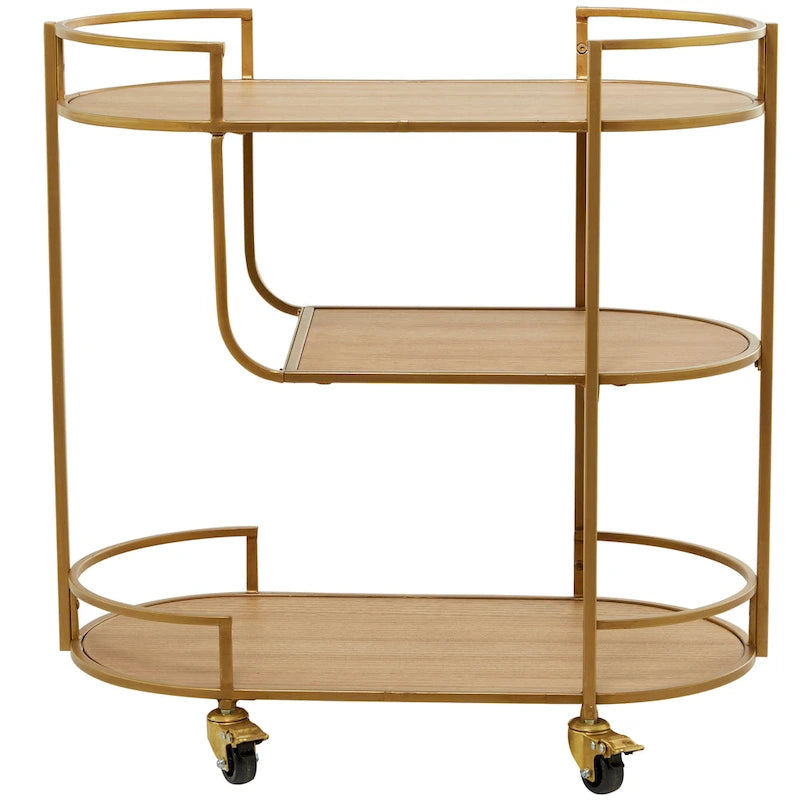 Carrello da Bar in Legno con 3 Ripiani e Maniglie - Oro - 38 L x 76 P x 76 A cm