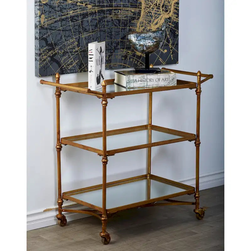 Carrello da bar in metallo laminato con 3 ripiani a specchio e maniglie - Ottone - 18L x 35P x 33A