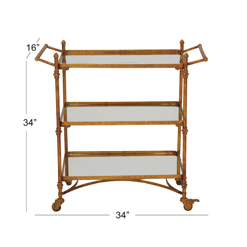 Carrello da bar in metallo laminato con 3 ripiani a specchio e maniglie - Ottone - 18L x 35P x 33A