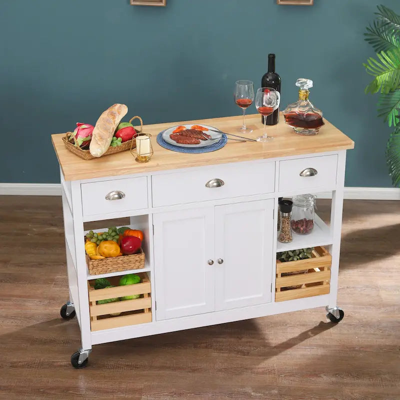 Carrello da cucina in legno a 3 ripiani con cestino portaoggetti e ruote