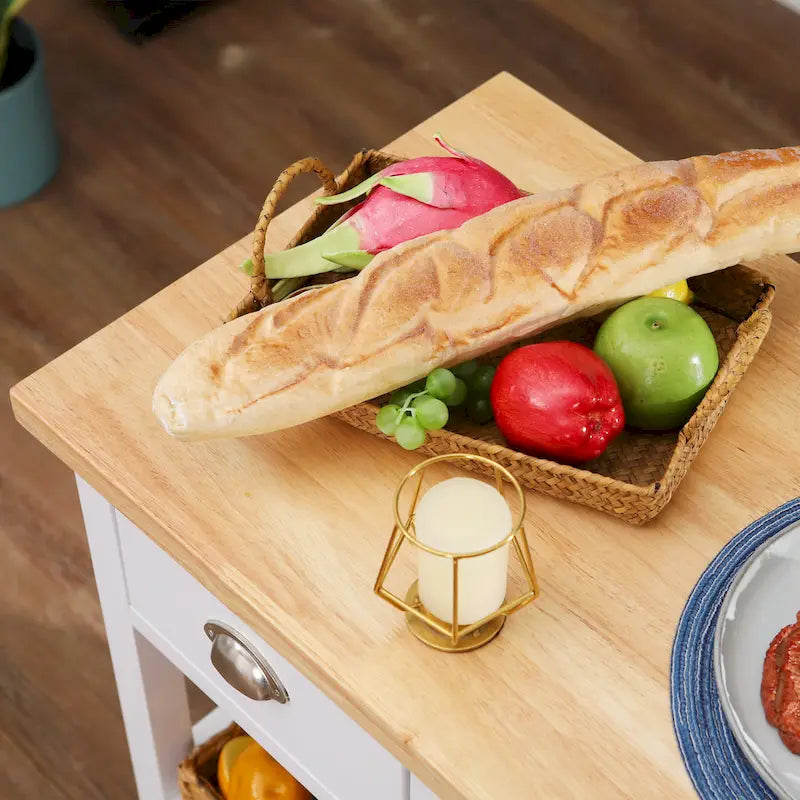 Carrello da cucina in legno a 3 ripiani con cestino portaoggetti e ruote