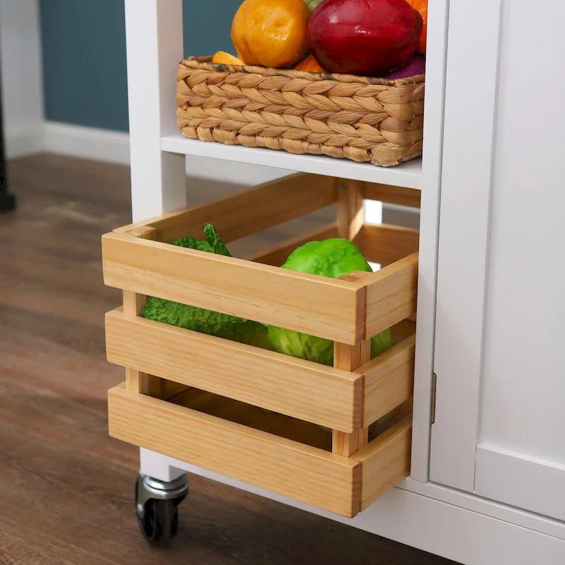 Carrello da cucina in legno a 3 ripiani con cestino portaoggetti e ruote