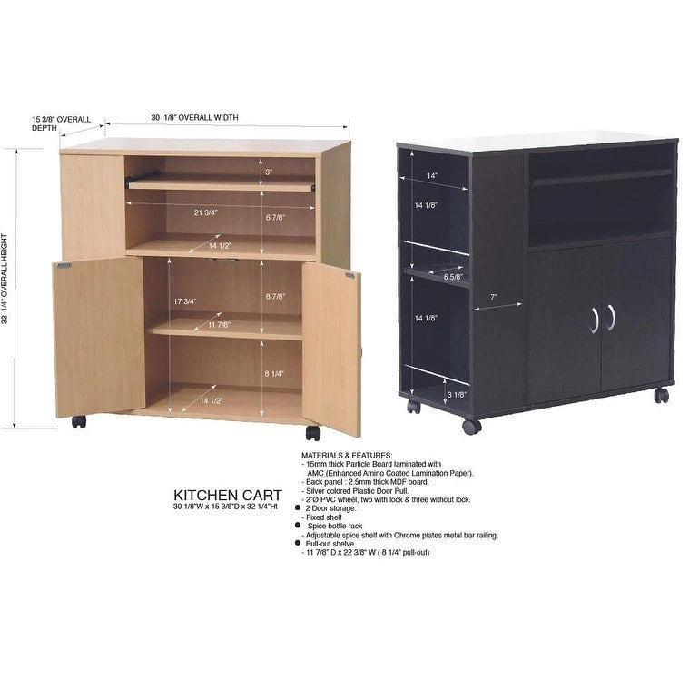 Carrello con isola per cucina su ruote con armadietto (Nero)