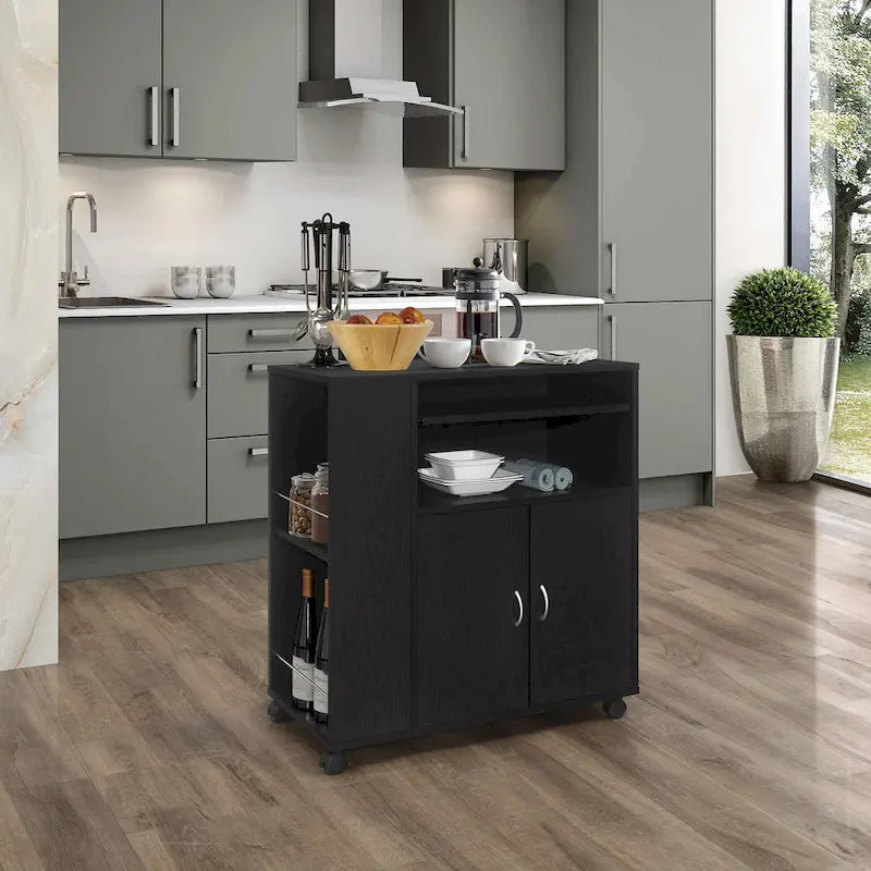 Carrello con isola per cucina su ruote con armadietto (Nero)