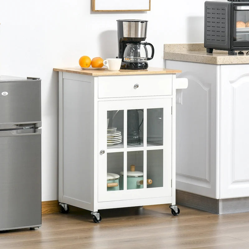 Carrello da cucina su ruote 27" con cassetto e armadietto con anta in vetro, carrello da portata con ripiano regolabile e portasciugamani