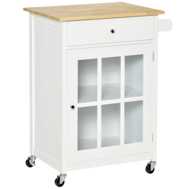 Carrello da cucina su ruote 27" con cassetto e armadietto con anta in vetro, carrello da portata con ripiano regolabile e portasciugamani