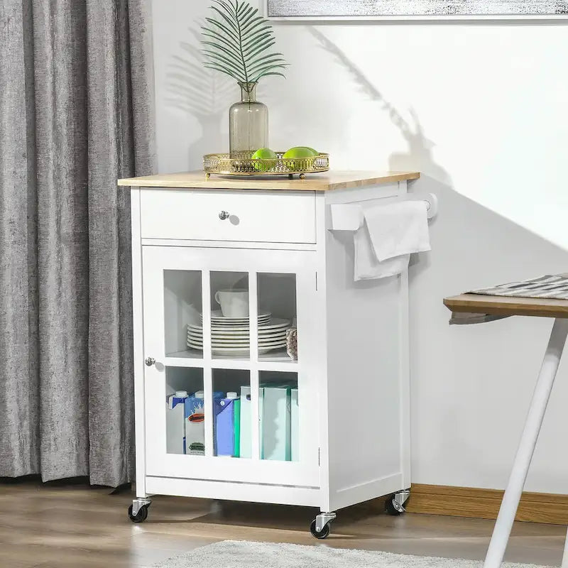 Carrello da cucina su ruote 27" con cassetto e armadietto con anta in vetro, carrello da portata con ripiano regolabile e portasciugamani
