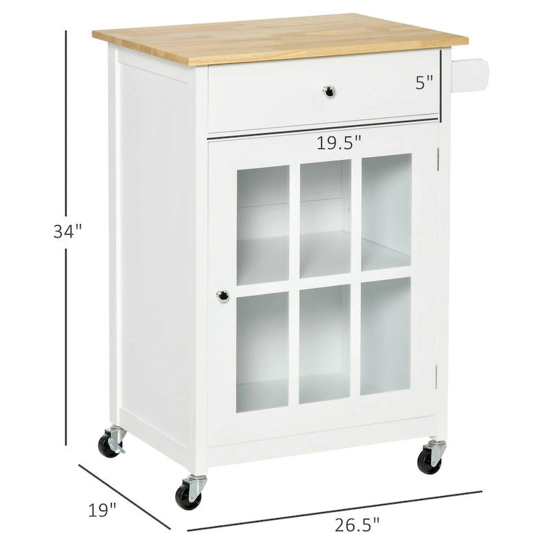 Carrello da cucina su ruote 27" con cassetto e armadietto con anta in vetro, carrello da portata con ripiano regolabile e portasciugamani