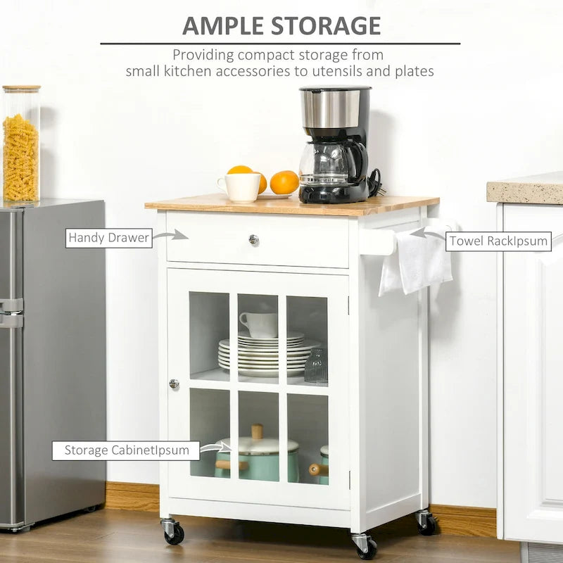 Carrello da cucina su ruote 27" con cassetto e armadietto con anta in vetro, carrello da portata con ripiano regolabile e portasciugamani