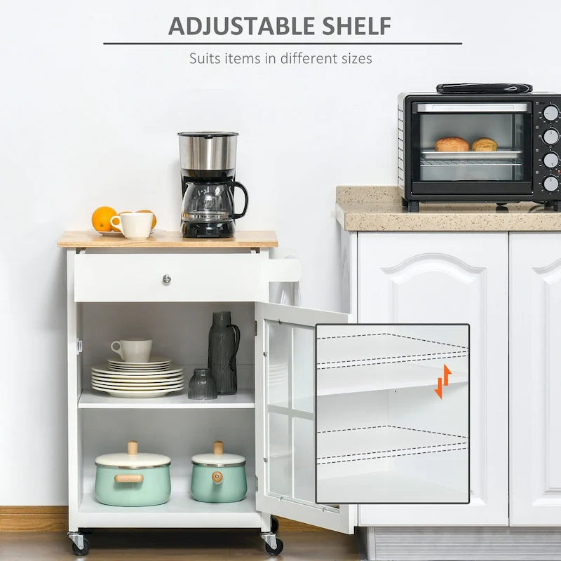 Carrello da cucina su ruote 27" con cassetto e armadietto con anta in vetro, carrello da portata con ripiano regolabile e portasciugamani