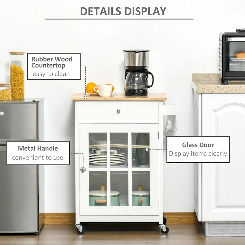 Carrello da cucina su ruote 27" con cassetto e armadietto con anta in vetro, carrello da portata con ripiano regolabile e portasciugamani