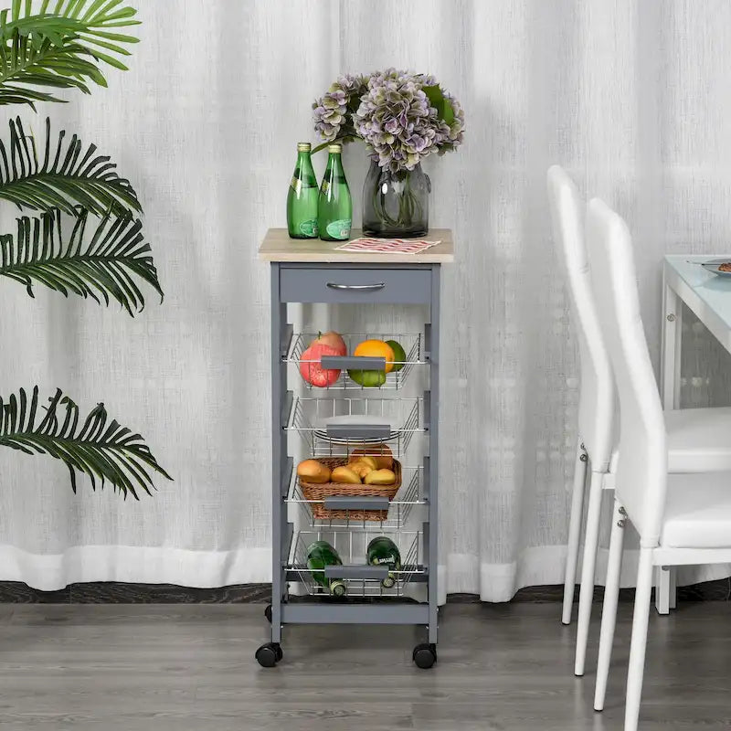 32.25 Carrello da Cucina in Legno con Ruote Girevoli a 360 Gradi, Ampio Spazio di Archiviazione e Struttura Solida