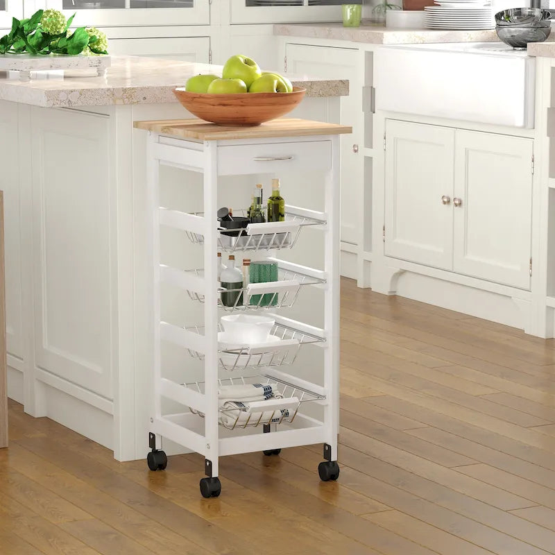 32.25 Carrello da Cucina in Legno con Ruote Girevoli a 360 Gradi, Ampio Spazio di Archiviazione e Struttura Solida