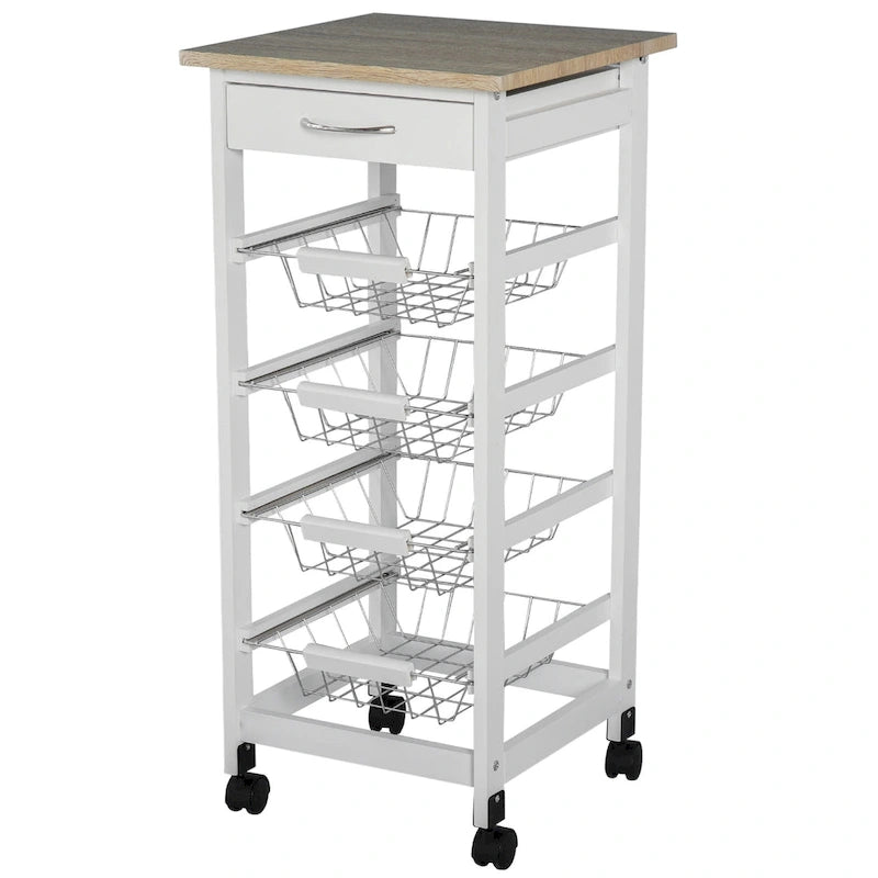 32.25 Carrello da Cucina in Legno con Ruote Girevoli a 360 Gradi, Ampio Spazio di Archiviazione e Struttura Solida