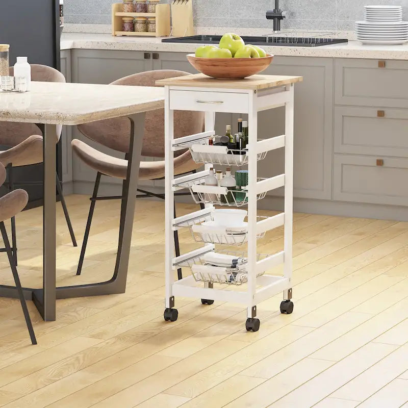 32.25 Carrello da Cucina in Legno con Ruote Girevoli a 360 Gradi, Ampio Spazio di Archiviazione e Struttura Solida