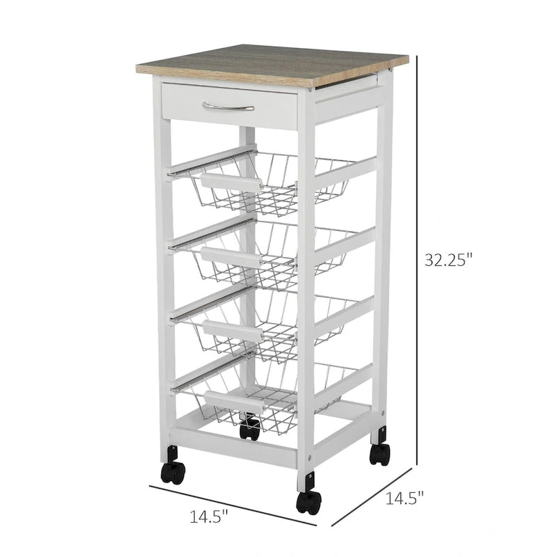 32.25 Carrello da Cucina in Legno con Ruote Girevoli a 360 Gradi, Ampio Spazio di Archiviazione e Struttura Solida