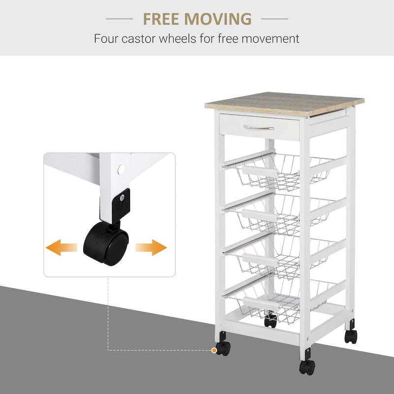 32.25 Carrello da Cucina in Legno con Ruote Girevoli a 360 Gradi, Ampio Spazio di Archiviazione e Struttura Solida