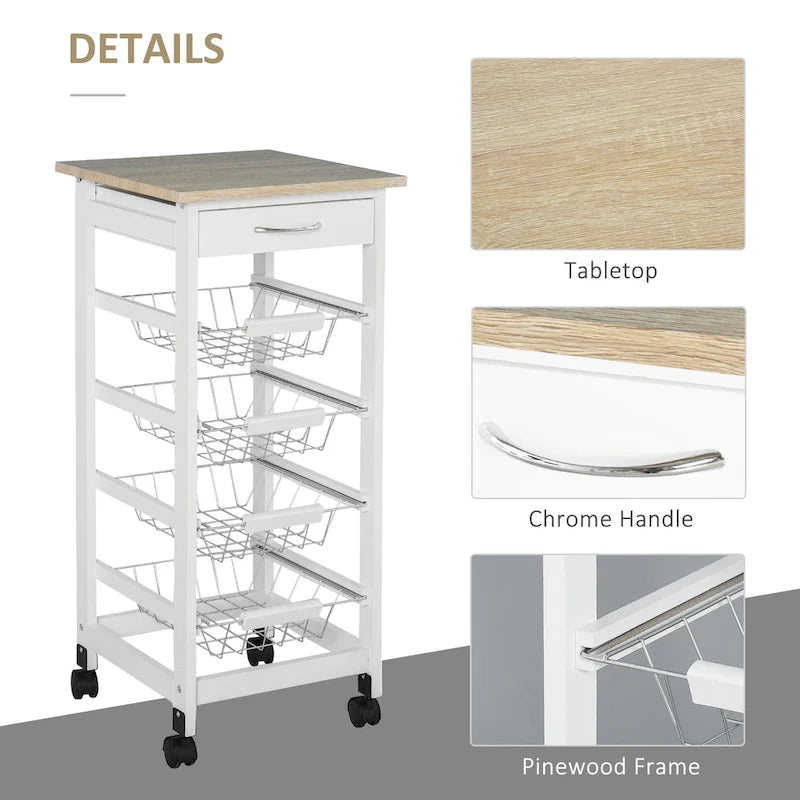 32.25 Carrello da Cucina in Legno con Ruote Girevoli a 360 Gradi, Ampio Spazio di Archiviazione e Struttura Solida