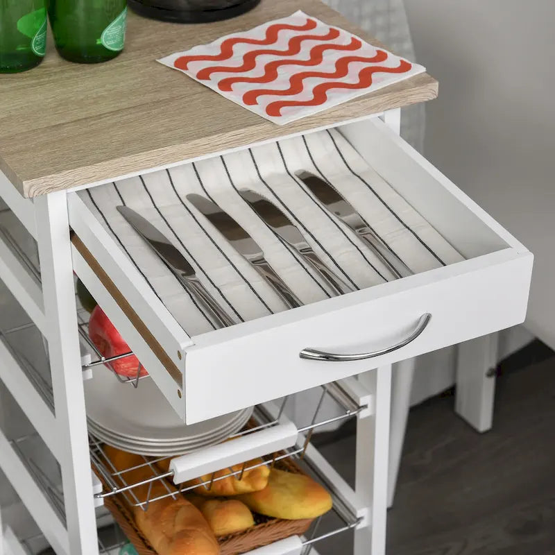 32.25 Carrello da Cucina in Legno con Ruote Girevoli a 360 Gradi, Ampio Spazio di Archiviazione e Struttura Solida