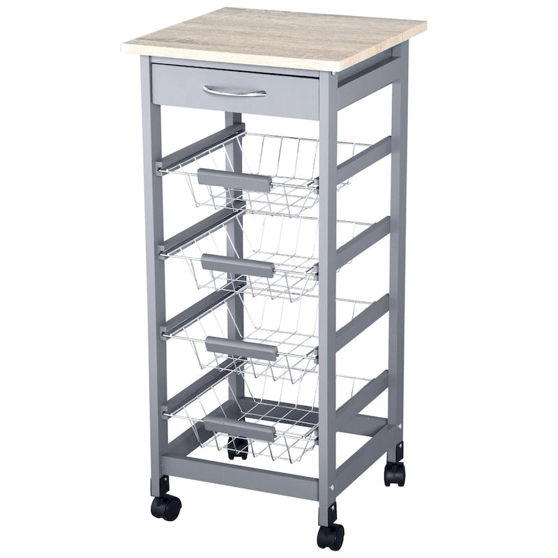 32.25 Carrello da Cucina in Legno con Ruote Girevoli a 360 Gradi, Ampio Spazio di Archiviazione e Struttura Solida