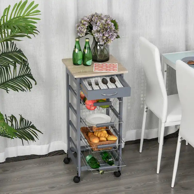 32.25 Carrello da Cucina in Legno con Ruote Girevoli a 360 Gradi, Ampio Spazio di Archiviazione e Struttura Solida