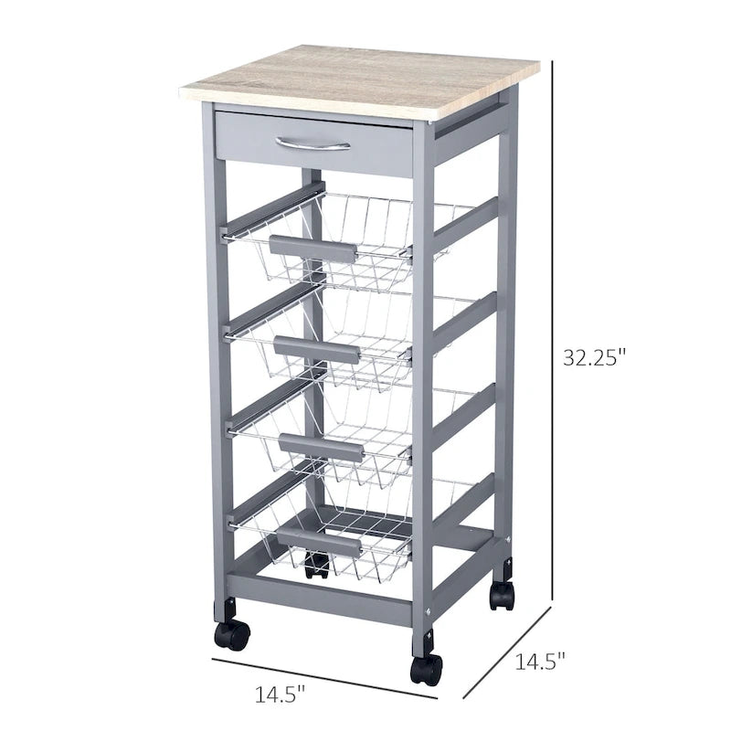 32.25 Carrello da Cucina in Legno con Ruote Girevoli a 360 Gradi, Ampio Spazio di Archiviazione e Struttura Solida