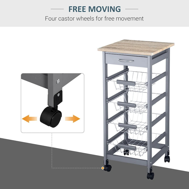 32.25 Carrello da Cucina in Legno con Ruote Girevoli a 360 Gradi, Ampio Spazio di Archiviazione e Struttura Solida