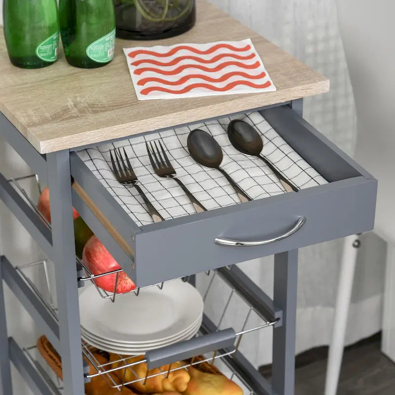 32.25 Carrello da Cucina in Legno con Ruote Girevoli a 360 Gradi, Ampio Spazio di Archiviazione e Struttura Solida