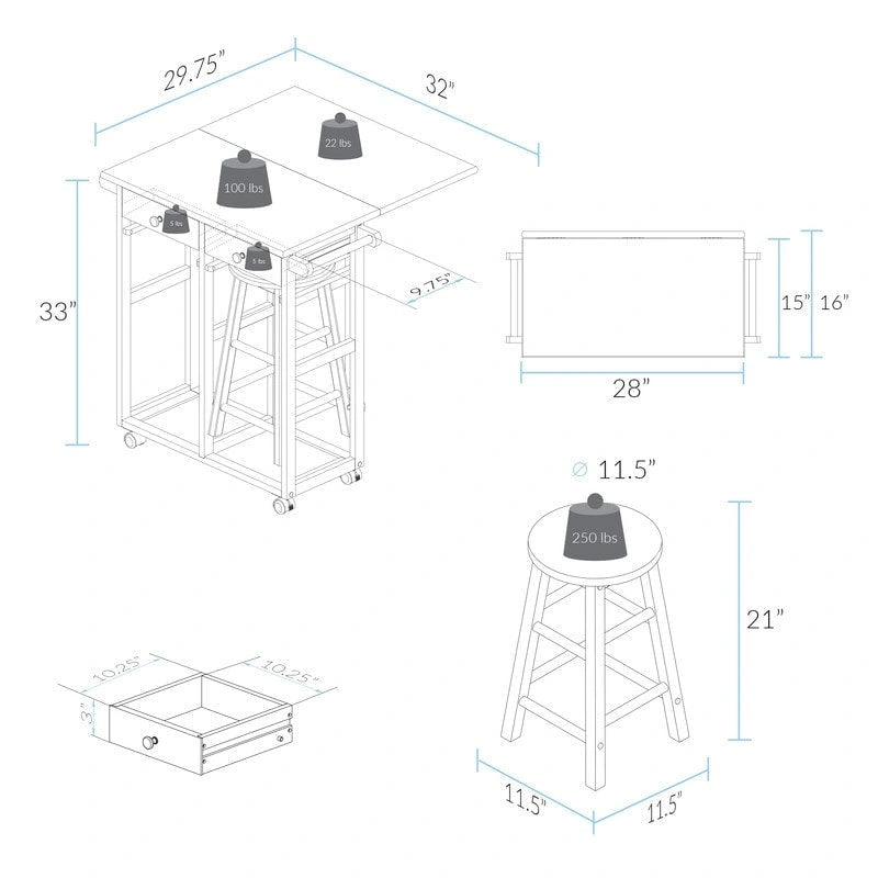Carrello da Colazione in Legno con Tavolo a Ribalta, Piano in Acero Americano - Non Disponibile