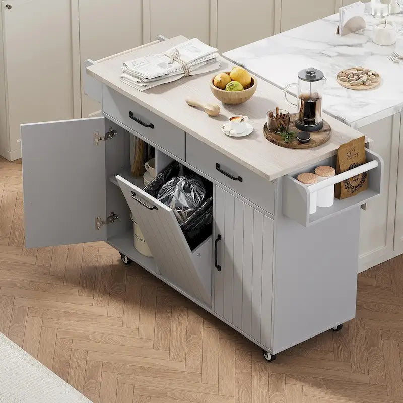 Isola da Cucina con Contenitore per Spazzatura e Ripiano Regolabile