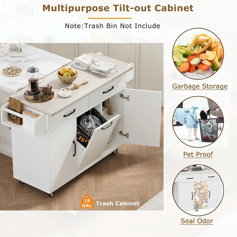 Isola da Cucina con Contenitore per Spazzatura e Ripiano Regolabile