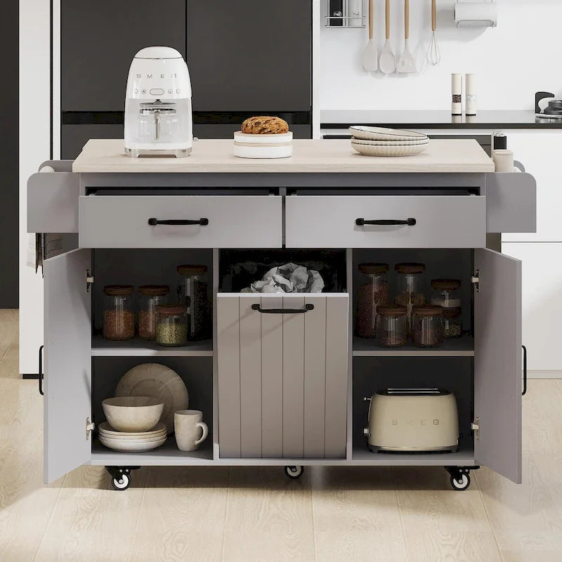Isola da Cucina con Contenitore per Spazzatura e Ripiano Regolabile